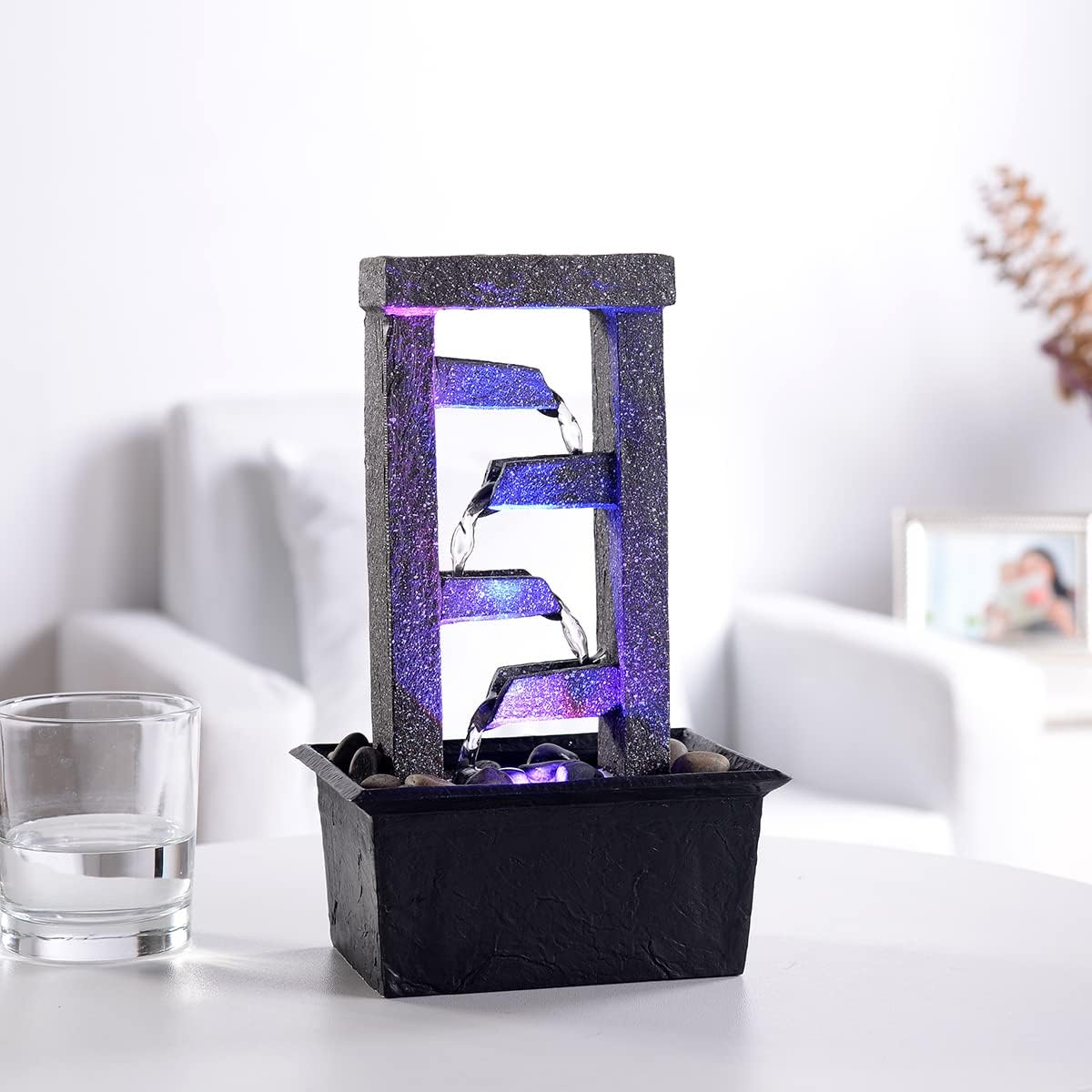 Photo 1 of **** PHOTO FOR ITEM REFERENCE**** GOSSI 10" H 4 Tiered Cascading Rectangle Indoor Desktop Fountain with Natural River Rocks and RGB Color Changing LED Lights Home/Office Decoration Meditiation Resin waterfull Tabletop Fountain