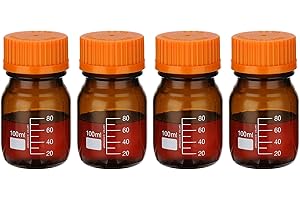 PATIKIL 4 Pack Reagent Media Storage Bottles, 100ml Borosilicate Glass Graduated Round Bottles with Orange GL32 Screw Cap for Lab Water Reagent Liquids, Amber