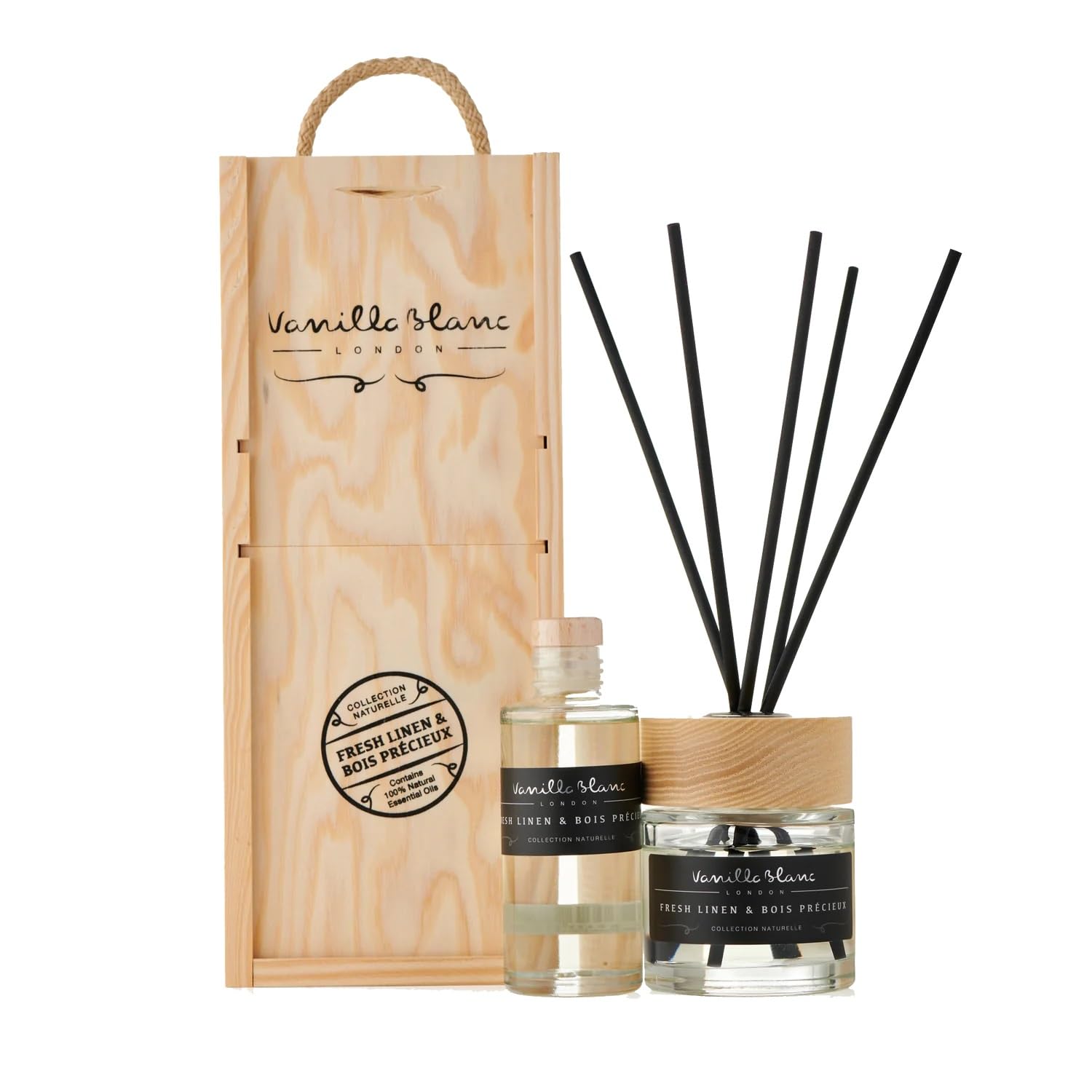 Vanilla Blanc Natural Reed Diffuser, Home Fragrance Set, Encased in a Signature Hand Crafted Wooden Gift Box with Refill 200ml Bottle (Fresh Linen & Bois Precieux)