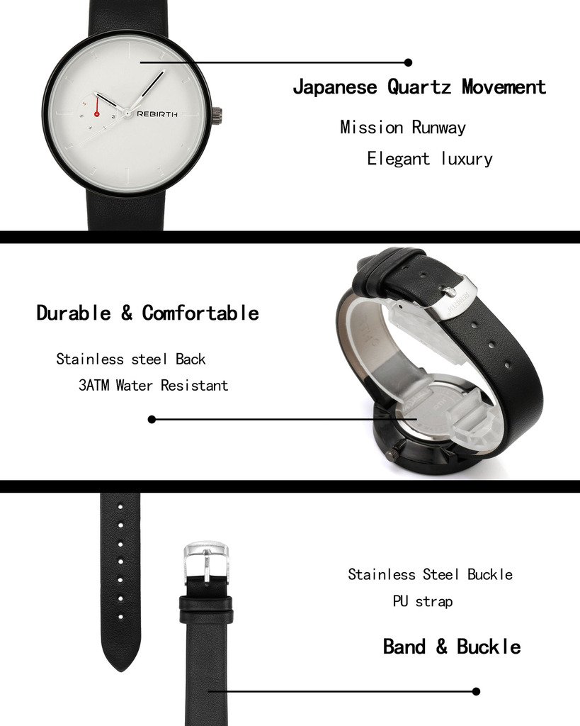 JSDDE Montre à Quartz Unisexe Mouvement Japonais Bracelet PU Style Simple Chic avec Calendrier Montre Etanche + Cadeau Boîtier Cadran Blanc Bracelet Noir