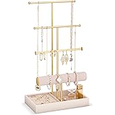 Lolalet Jewelry Holder Tree with Velvet Tray, 4 Tiers Necklace Display Stand Rack with Ring Slots Organizer for Earrings Bracelets Bangles Ring, Valentine's Day Gift -Beige