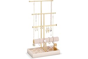 Lolalet Jewelry Holder Tree with Velvet Tray, 4 Tiers Necklace Display Stand Rack with Ring Slots Organizer for Earrings Bracelets Bangles Ring -Beige