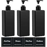 Suream Shampoo and Conditioner Dispenser Set, 3Pack 16.9oz Bathroom Countertop Soap Bottle with 4PCS lables, Plastic Refillable Dispenser with Pump for Kitchen, Office, Travel, Resturant, Black