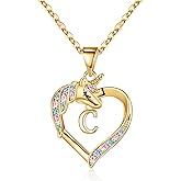 Hidepoo Valentines Gifts for Kids Girls - Unicorn Necklace Gifts for Girls 14K-Gold-Plated Colorful CZ Heart Necklace Girl Jewelry Initial Unicorn Necklaces for Girl Valentines Gift