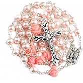 Nazareth Store Catholic Pink Pearl Beads Rosary Necklace Our Rose Flowers, Lourdes Medal & Cross NS