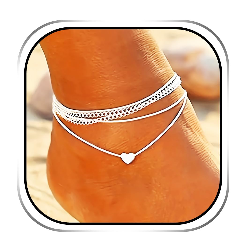 Handcess Boho Layered Anklets Silver Heart Ankle Bracelets Braided Love Foot Chain Jewelry for Women and Girls