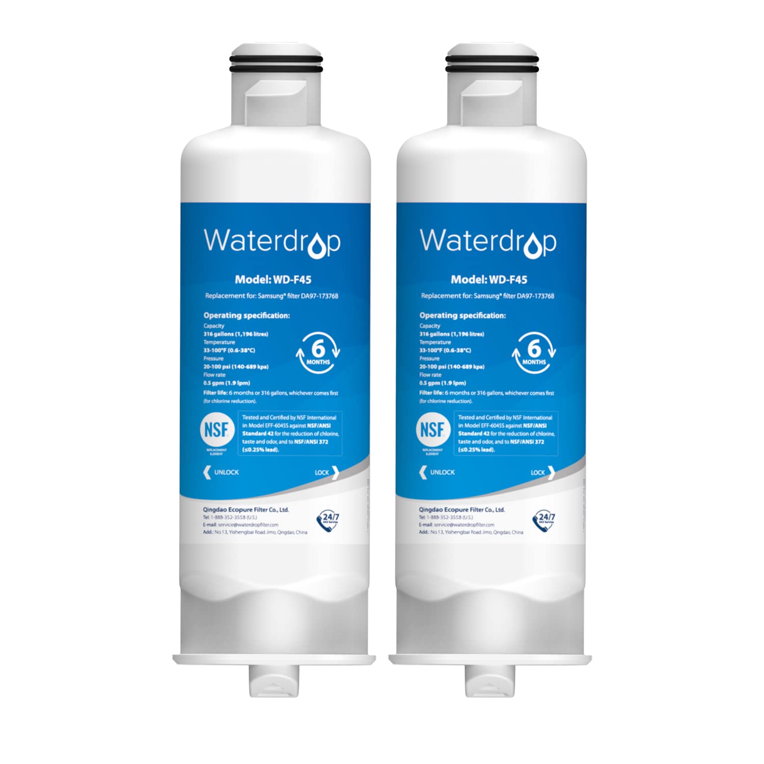 Waterdrop DA97-17376B Replacement for Samsung® HAF-QIN/EXP, DA97-08006C, RF28R7201SR, RF28R7351SG, WD-F45, Refrigerator Water Filter, 2 Filters