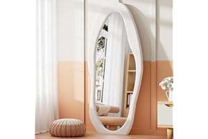 Dewfig Full Length Mirror, 63" x 24"Irregular Mirror, Large Floor Length Mirror Wall Mounted, Standing Mirror with Flannel Wrapped Wooden Frame for Bedroom/Living Room, White