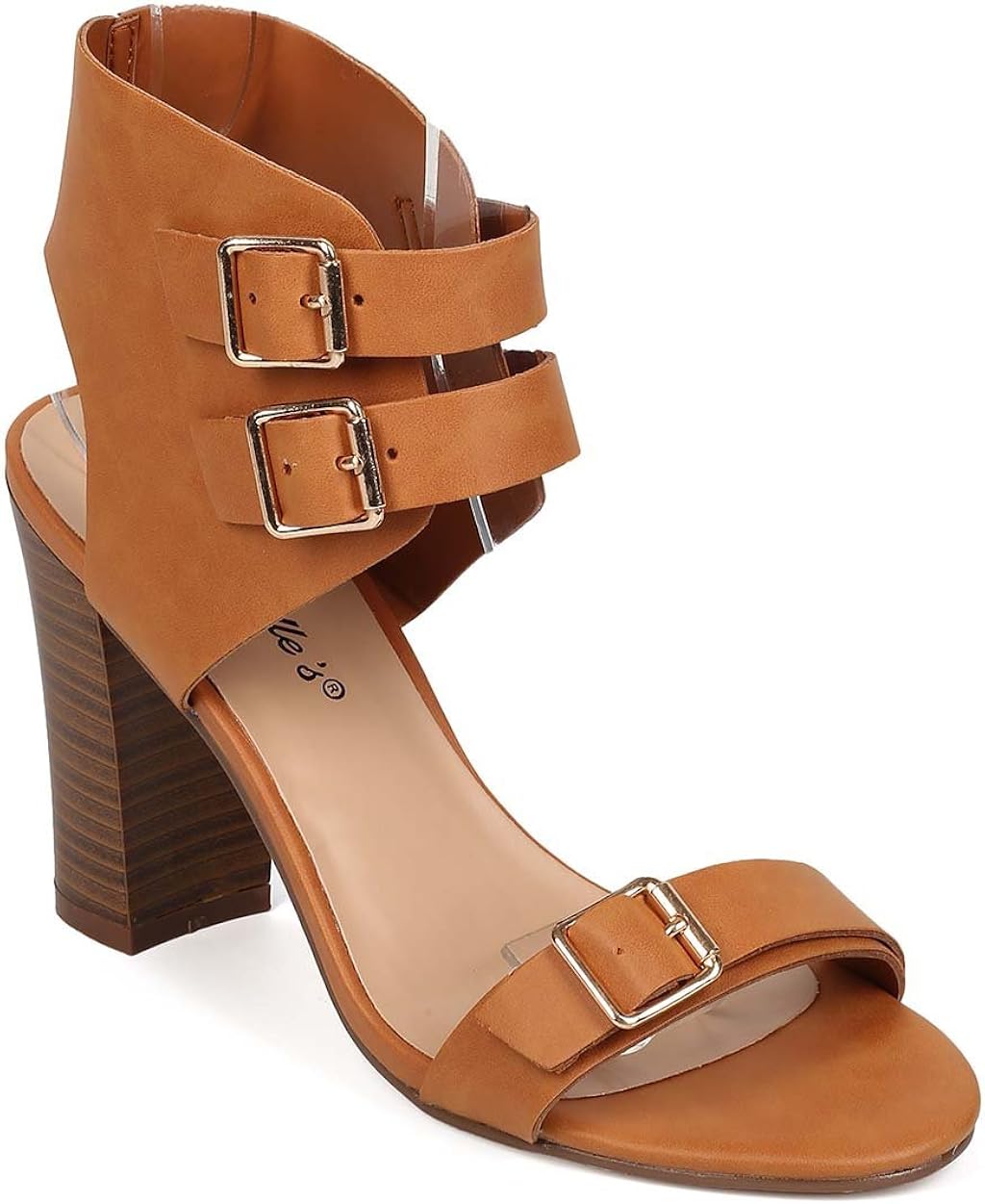 Amazon.com | Women Leatherette Peep Toe Block Heel Buckle Single Sole Sandal EG41 - Tan (Size: 6 
