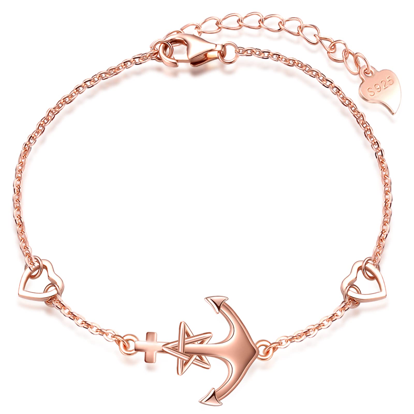 MicLee Bracelet elegant for womens and girls, 925 sterling silver bracelets, Classic anchor-star bracelet, link with mini heart, symbol of courage, protection and strength, adjustable chain, rose gold