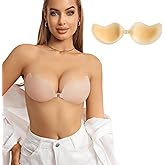 Rosefly Silicone Sticky Bra for Women,Strapless Backless Bras with Aloe AB Adhesive Bond, Adhesive Bra Push up & Invisible Seamless Body Silhouette for Plunging Dress, Cups A-D, Creme
