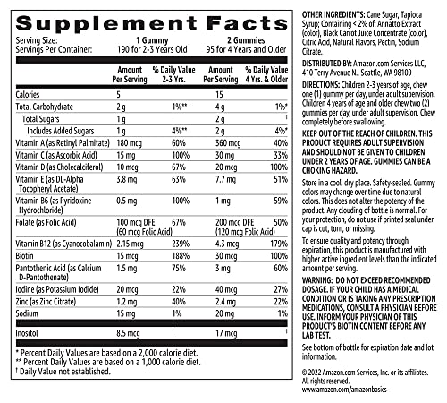 AMAZON BASICS KIDS’ MULTIVITAMIN GUMMIES, CHERRY, STRAWBERRY & ORANGE FLAVORS, 190 COUNT (PREVIOUSLY SOLIMO)