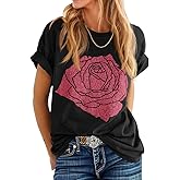 Womens Rose Graphic Tee T Shirt Loose Fit Summer Short Sleeve Casual Boyfriend Crew Neck Tops
