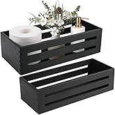 LotFancy Bathroom Decor Box, 2 Pack Wooden Toilet Paper Holder, Black Toilet Tank Basket, Back of Toilet Storage Basket, Farmhouse Toilet Tank Topper