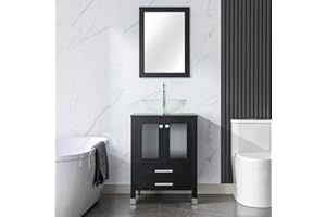 LUCKWIND 24" Bathroom Vanity with Sink, Elegant Series with Solid Wood Construction and Painted Frame, Bathroom Storage Cabinet Includes Transparent Round Sink, Faucet and Mirror, Black