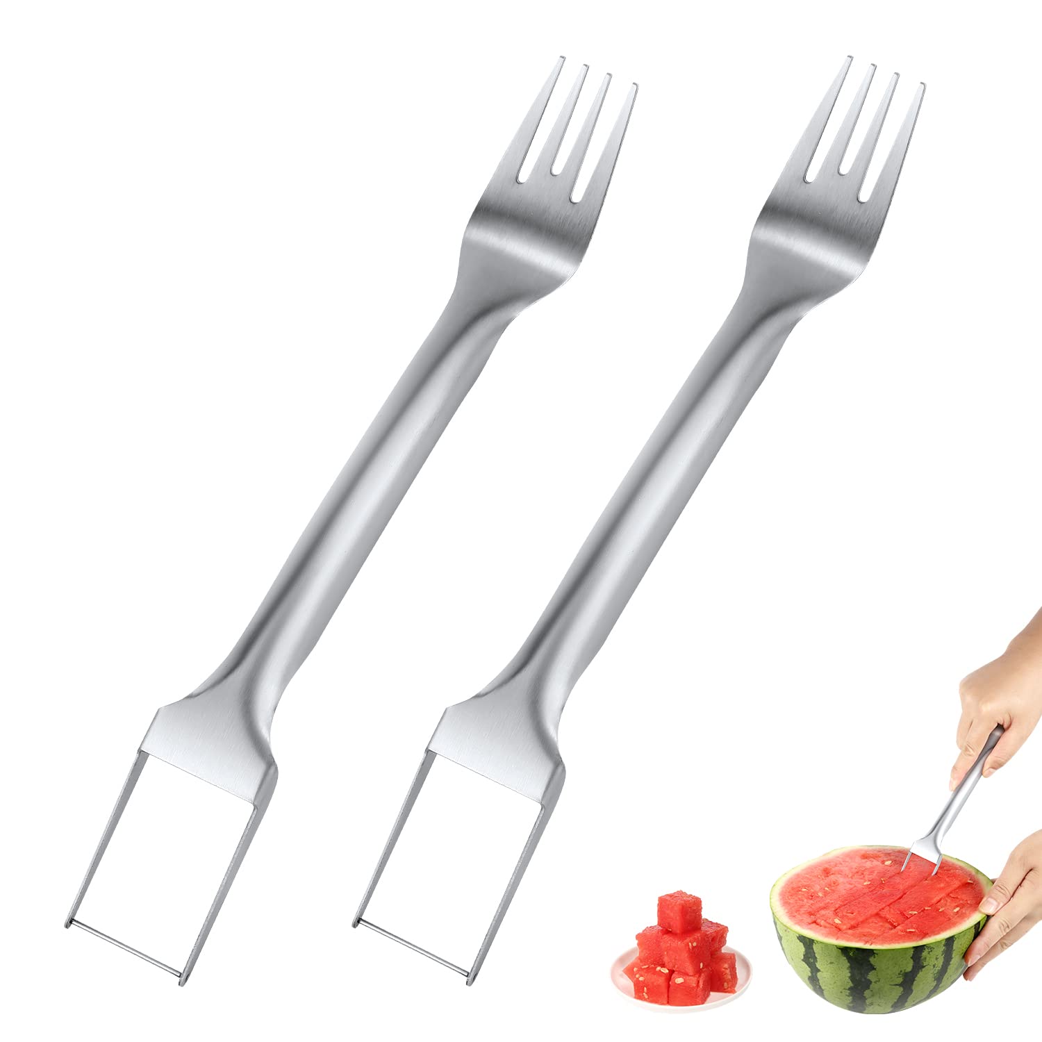Photo 1 of 2pcs Watermelon Slicer Fork, Watermelon Cutting Tool 2-In-1 Watermelon Fork Slicer Cutter Stainless Steel Fruit Fork Cutter for Party Camping Fruit Shape
