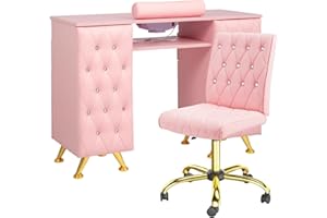 OmySalon Manicure Table w/Dust Collector, Nail Desk for Nail Tech, Nail Station with Storage, for Makeup Beauty Spa Salon, w/Hand Rest, Acetone Resistant (Pink, Table & Chair Set)