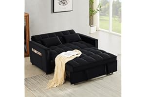 DHHU 55.2" Loveseat Reversible Sleeper Pockets & Toss Pillows, Velvet Pull Chaise, 2-seat Fabric Convertible Sofa Bed, Couch for Living Room Apartment Lounge, Black-X7