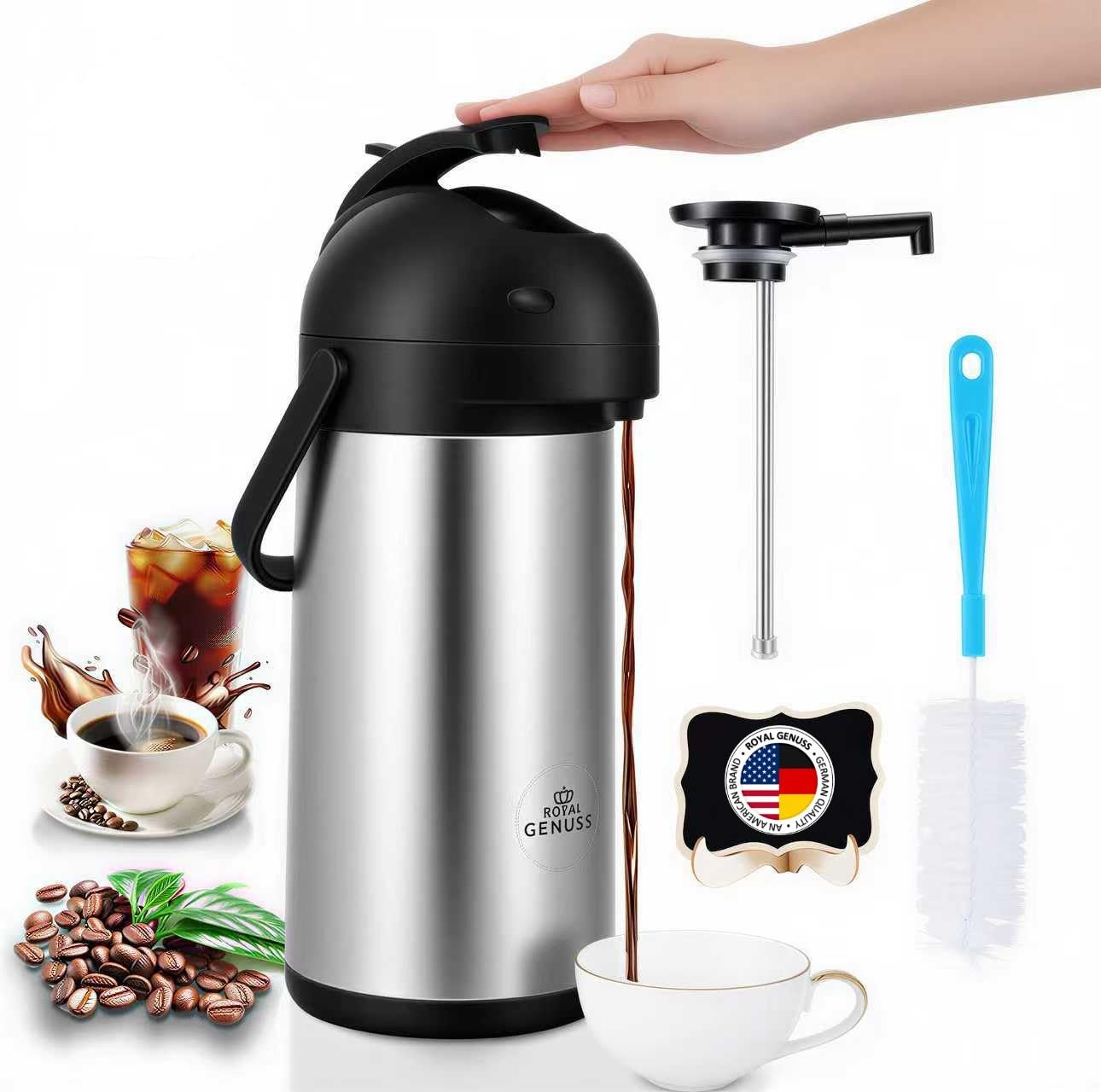 Photo 1 of *UNTESTED*
Airpot Coffee Dispenser 74 oz (2.2L) with Pump, Cleaning Brush, and Table Tent Sign - Stainless Steel Insulated Carafe - 24 Hour Heat Retention - 36 Hour Cold Retention - 2 Gifts are included