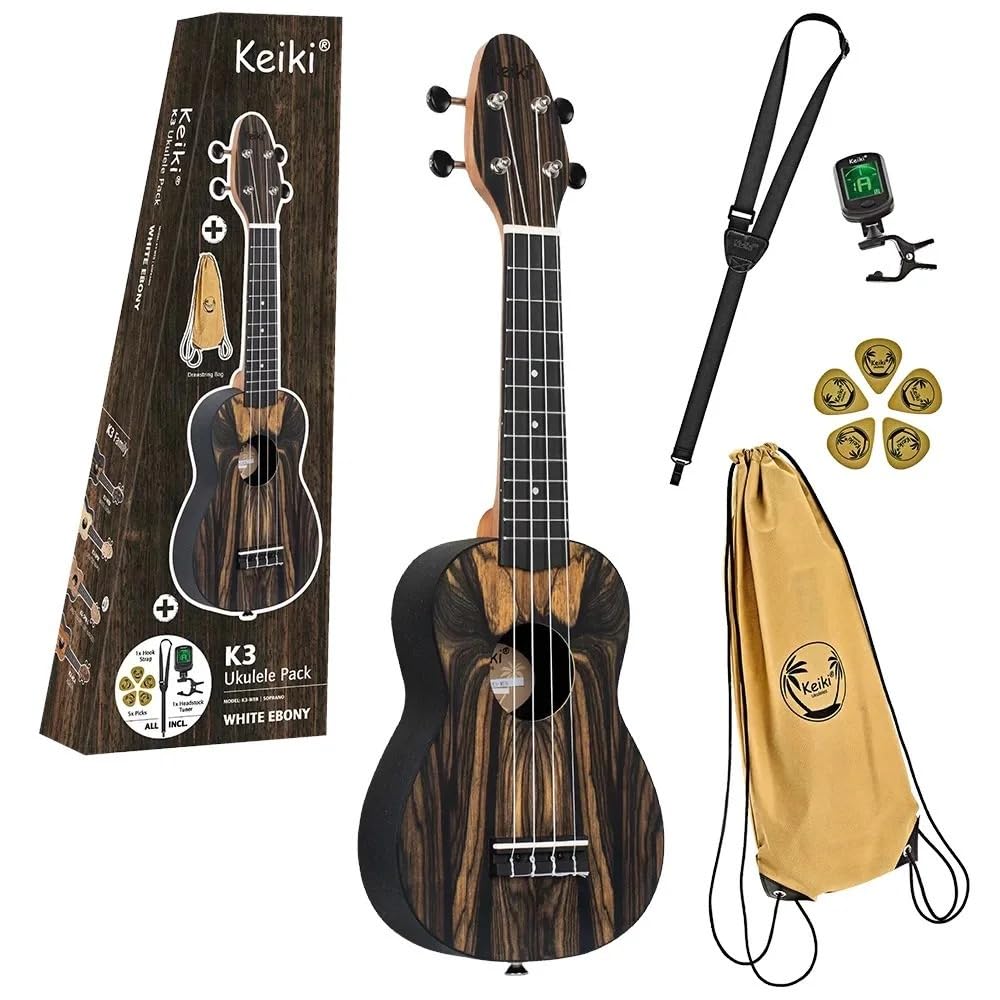 Ortega Guitars Soprano Ukulele Acoustic – Keiki K3 Series – Including Accessories – White Ebony, ABS, Natural (K3-WEB)