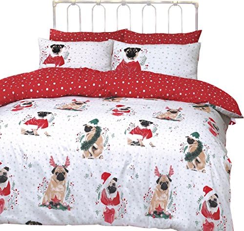 Christmas Design 4-pc Reversible Duvet Cover 2 Pillow Case Valance Sheet Bed Set (Pug Panel, Double)