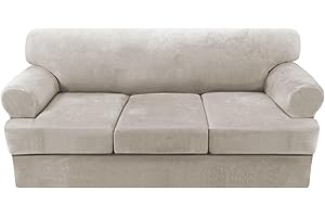 H.VERSAILTEX Sofa Cover 4 Piece T Cushion Sofa Slipcovers Thick Velvet Couch Cover Stretch T Cushion Sofa Covers for 3 Cushion Couch with 3 Individual T Cushion Covers Washable, Oatmeal