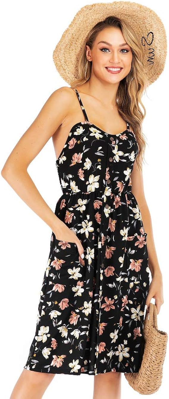 Krismile Women's Summer Sundress Strap Floral Button Down Midi Dress