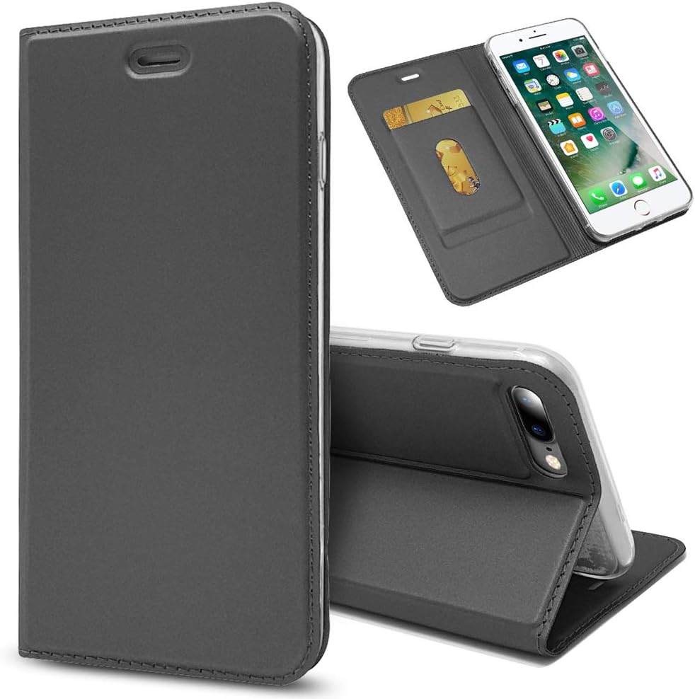 NALIA Flip Case Compatible with iPhone 8 Plus / 7 Plus, Phone Cover Ultra-Thin Magnetic Leather Back & Front Protector, Kickstand Slim Protective Bookcase Shockproof Full-Body, Color:Black Grey