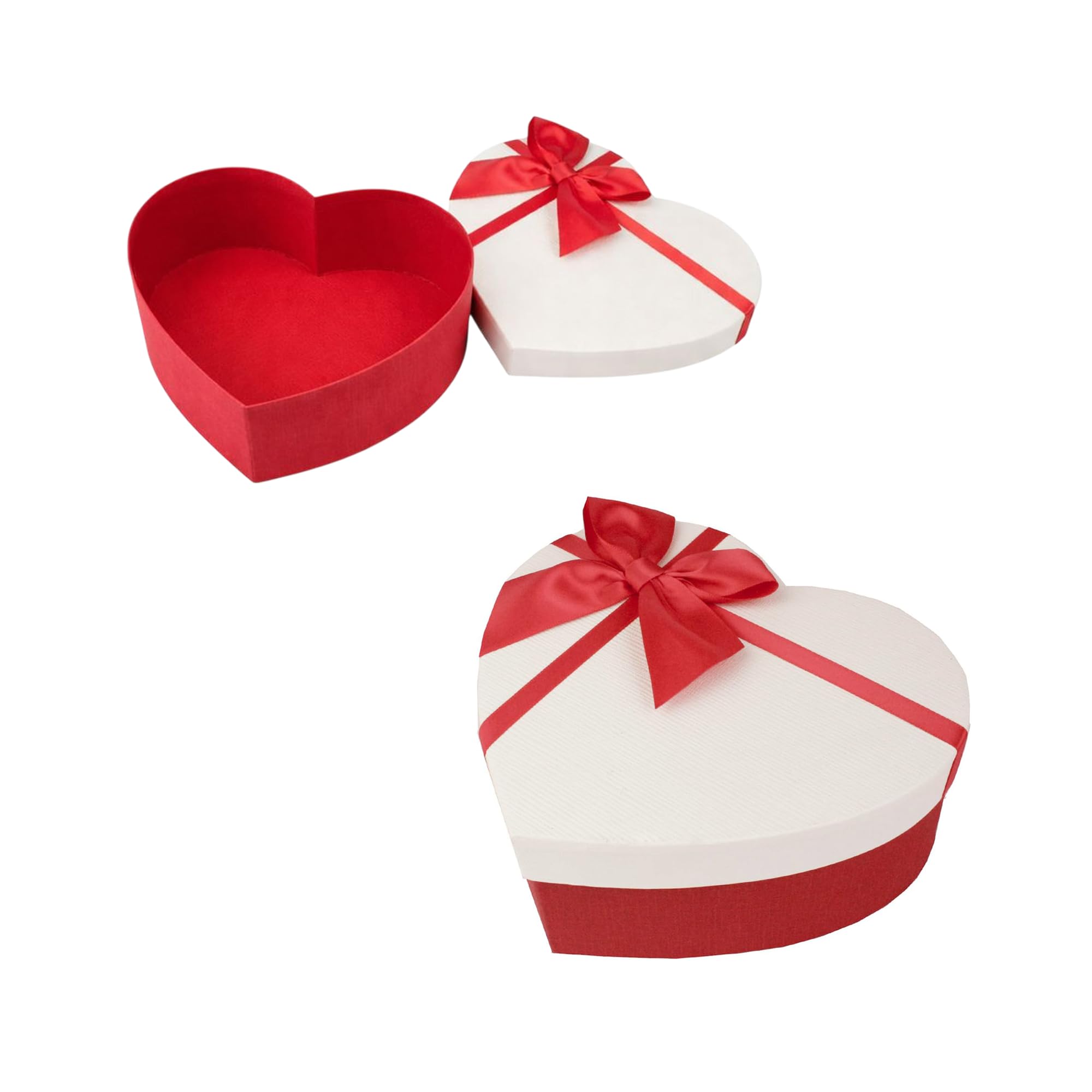 Emartbuy Rigid Heart Shaped Gift Box with Lid Size 1 (22 × 19.5 × 9 cm) – Red & White Textured Paper with Satin Ribbon Bow for Valentine’s Day, Wedding, Anniversary, Jewellery & Chocolate Gifts