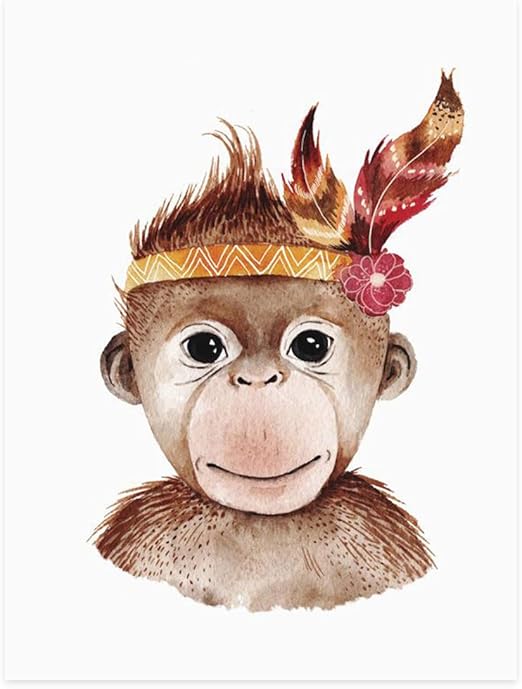 Photolini Kinder Poster Affe Aquarell 30x40 Cm Kinderzimmer Poster Bunt Baby Affe Indianer Amazon De Kuche Haushalt