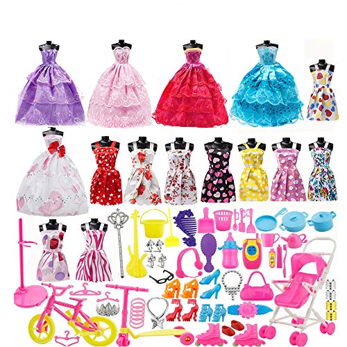 113Pcs Barbie Doll Clothes Set, 15 Pack Barbie Clothes Party Grown Outfits Dresses and 98pcs Different Doll Accessories Shoes bags Glasses Necklace Tableware for Little Girl Birthday
