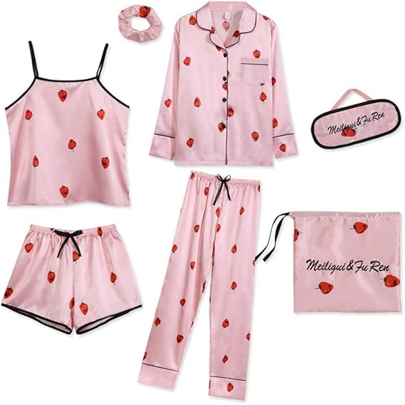 Amazon テンカ レディースパジャマ シルク ルームウェア 女性 前開き ７点セット シャツ風 通気性 スリップ ヘアロープ 収納袋付き 四季通用 彼女 恋人 プレゼント 人気 パジャマ ルームウェアセット 通販