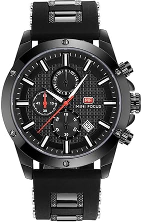 Quartz Silicon Strap Real Chronograph Black Dial Waterproof Mens Wrist Watch
