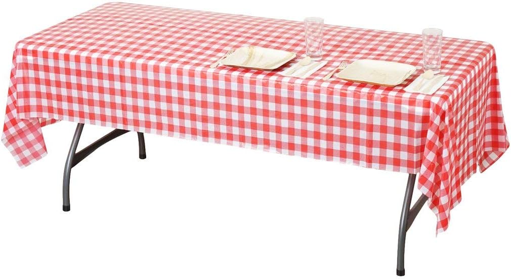 6-Pack Premium Gingham Checkerboard Disposable Plastic Tablecloths 54" x 108" Rectangle Table Cover (red/White)