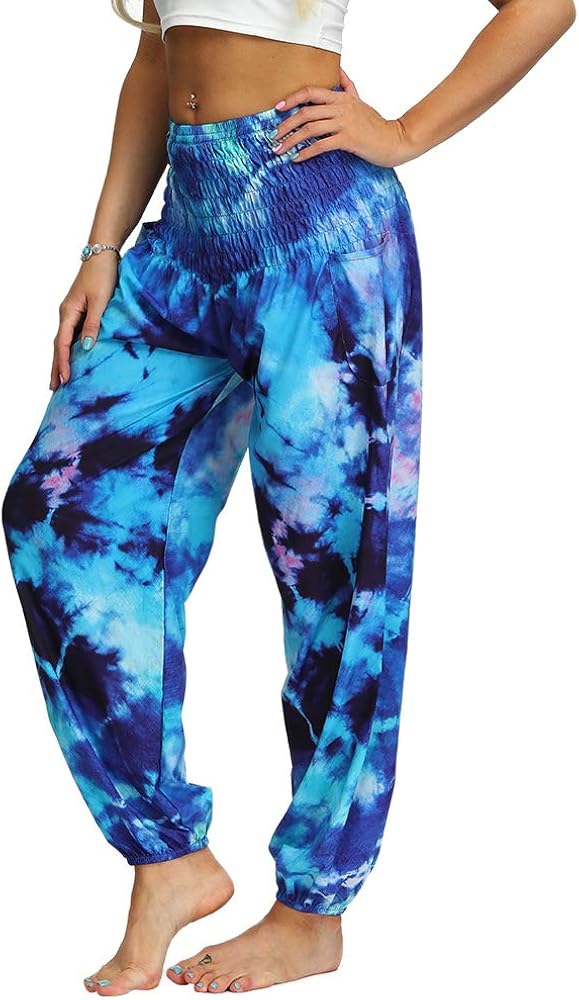 Nuofengkudu Women's Hippie Baggy Harem Trousers Smocked High Waist Soft Bohemian Print Colourful Yoga Pants with Pockets Lightweight Flowy Travel Holiday Beachwear (Blue A,One Size) - Image 5