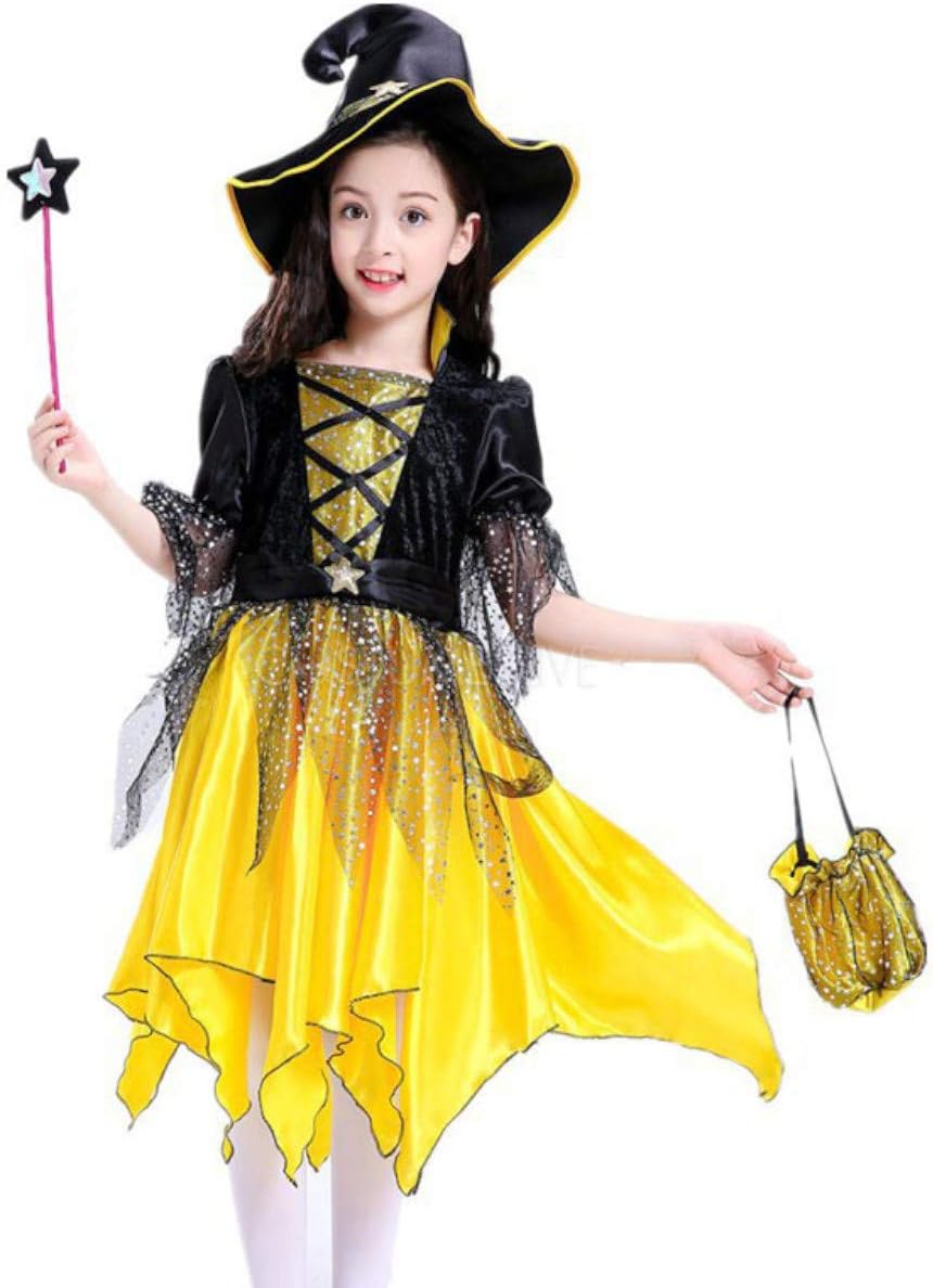 Amazon Itaki 魔女 コスプレ 4点 セット キッズ ハロウィン ドレス 帽子 ステッキ 手提げ バッグ 90 キッズコスチューム おもちゃ