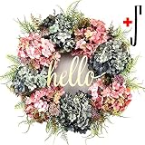 Hydrangea wreaths for front door,Outdoor summer wreaths for front door,Fall spring handmade Hello Wreath for Front Door,Farmhouse Wreath ,Rustic Wreath,Grapevine Wreath,Window Decoration (20 inches)