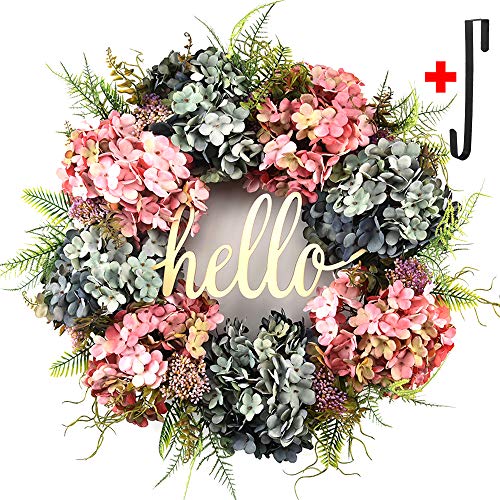 Hydrangea wreaths for front door,Outdoor summer wreaths for front door,Fall spring handmade Hello Wreath for Front Door,Farmhouse Wreath ,Rustic Wreath,Grapevine Wreath,Window Decoration (20 inches)