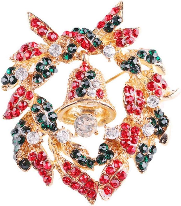 TULIP LY Gold Tone Red Crystals Christmas Bells Pin Brooch Elegant Enamels Jingle Bells Bow Brooch Pin Green Mistletoe Leaf Brooch for Women Girl Xmas