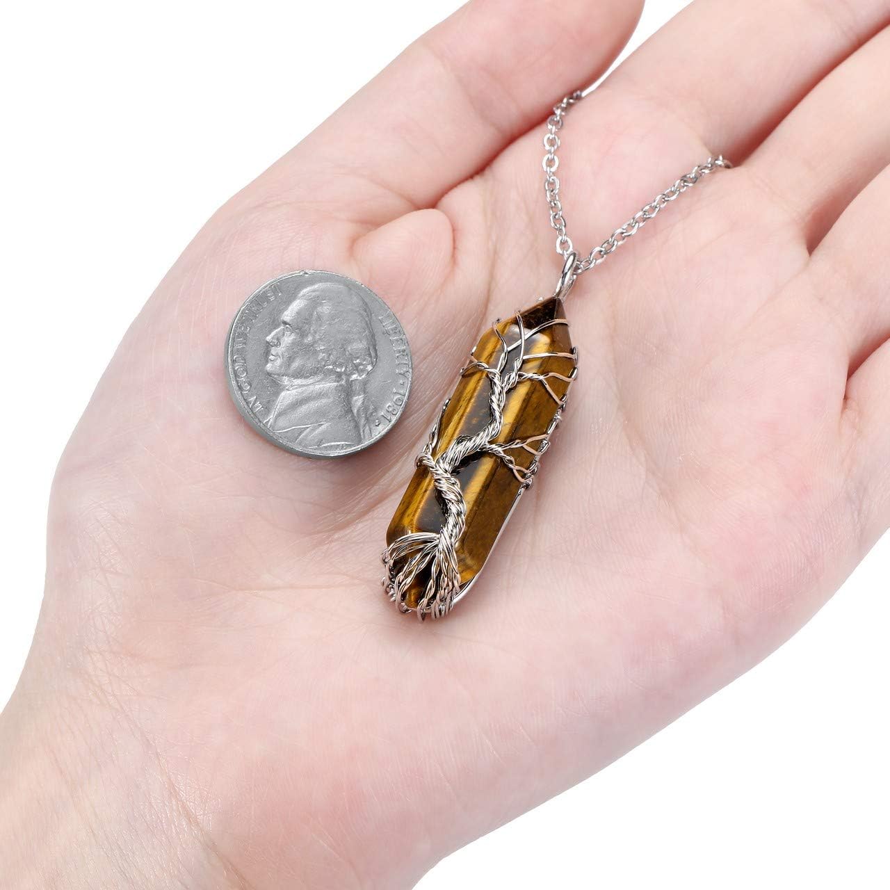 CrystalTears Natural Tiger Eye Healing Crystal Stone Necklace Tree Life Wire Wrapped Hexagonal Crystal Points Pendant Necklace for Women Gifts for Christmas - Image 5