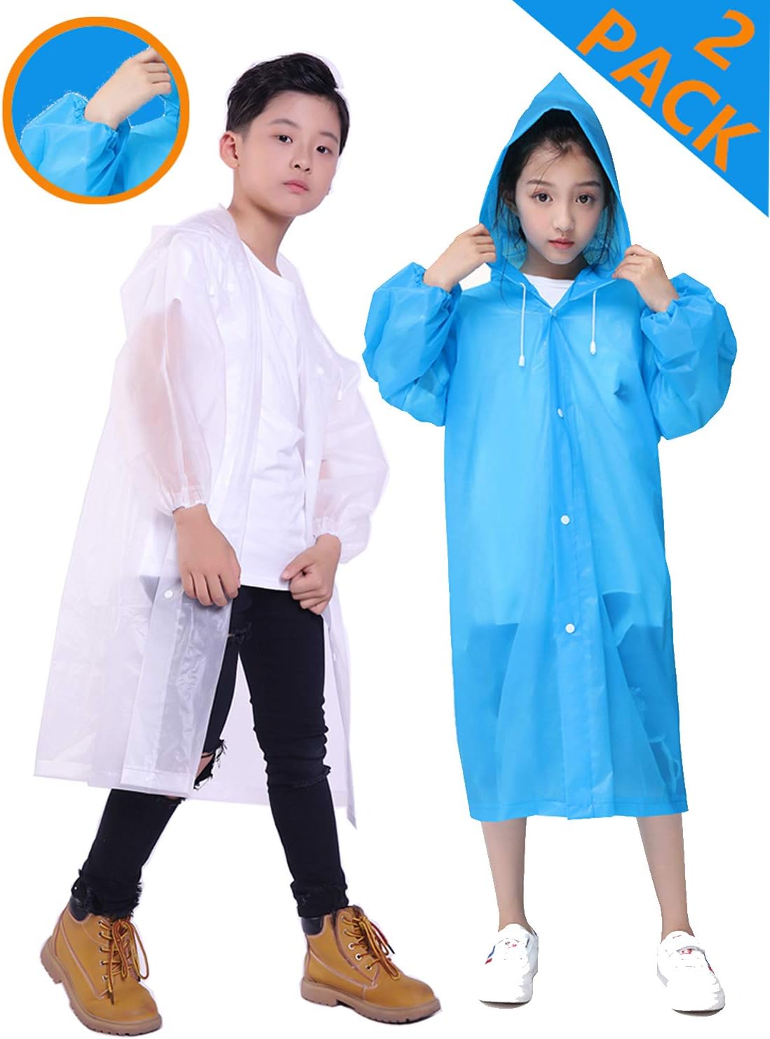 HLKZONERain Ponchos for Kids, [2 Pack] EVA Kids Rain Jacket Reusable Rain Coat with Hood for Kids Boys Girls 6-12 Years Old
