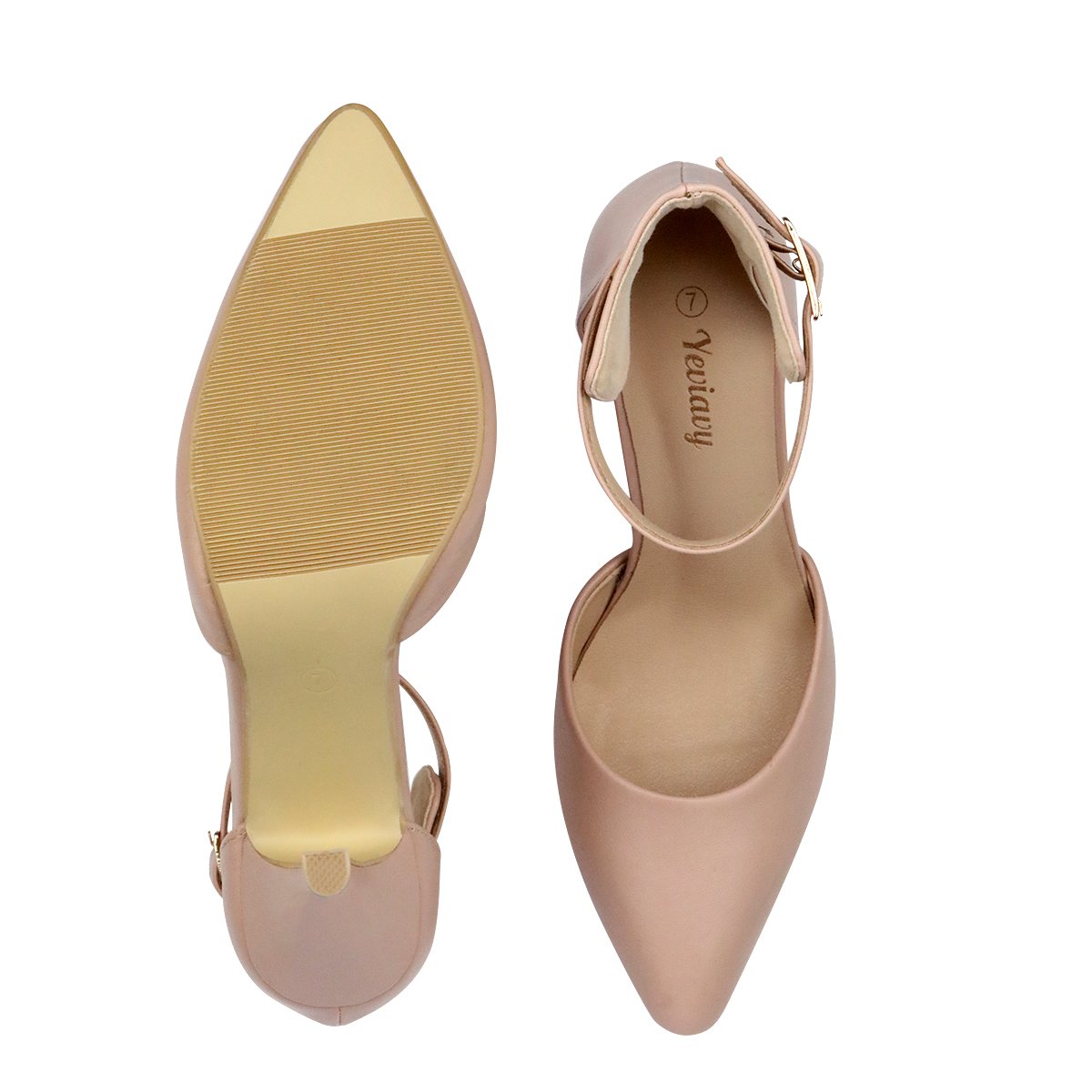 Yeviavy Women\'s Pumps Shoes High Heel Pointed Toe D\'Orsay Ankle Strap Buckle Closure Dress Shoe Beige PU 7.5