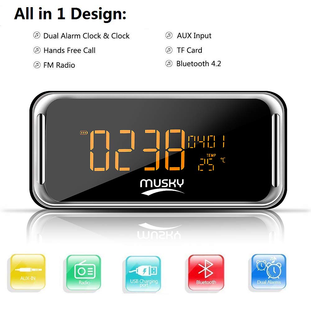 Portable Bluetooth Speaker, XPLUS 4.2 Wireless Bluetooth Speakers with LED Display, Hands-Free Phone Calling, FM Radio,Time,Date,Temperature,Snooze Function Double Alarm Clock (Black)