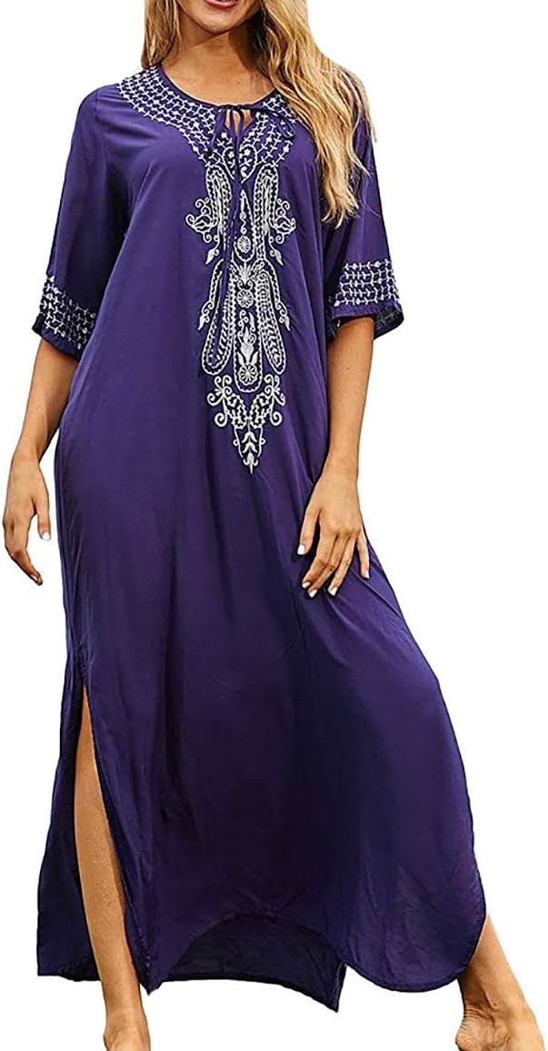 BestyyouWomen's Embroidered Turkish Kaftan Dress Long Caftan Loungewear Nightgown Swimsuit Cover Up Swimwear Beachwear