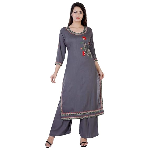 AMBEY Dyeing Women's Rayon Regular Printed Kurti with Pant Set (Grey_Kurti)