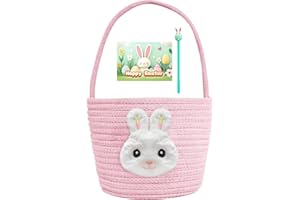 CUSPRTM Easter Basket, Easter Bunny Gift Basket for Kids, Handmade Cotton Woven Egg Hunts Basket for Boys & Girls, Easter Gifts Storage Perfect for Toddlers, Includes Easter Card & Pen (Pink)