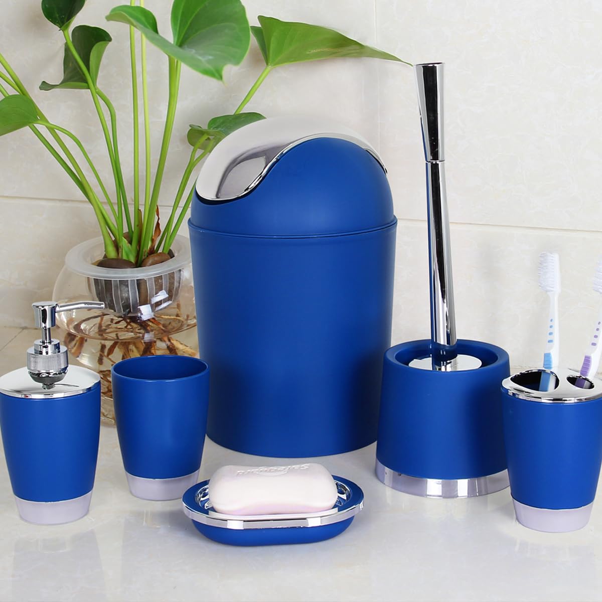 Bathlux Modern Design 6 Piece Bathroom Accessory Set, Toilet Brush, Waste Bin, Soap Dish, Tooth Brush Holder Soap Dispenser, Rinse Cup (Blue)