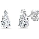 Gem Stone King 14K White Gold White Moissanite Stud Earrings for Women | 0.87 Cttw | Gemstone Birthstone | Pear Shape 6X4MM