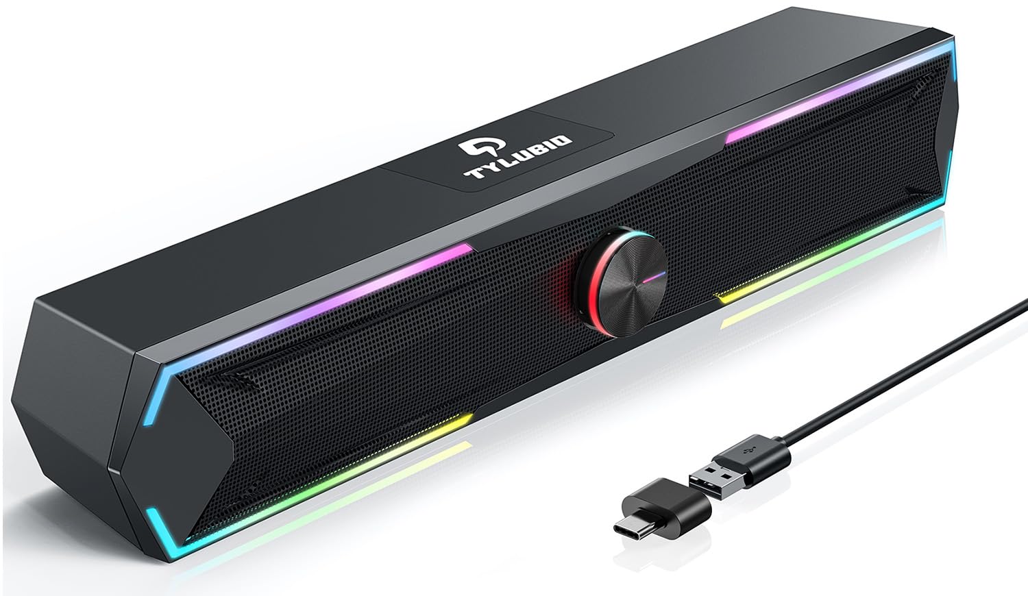 Photo 1 of Tylubio Pc Speakers Computer Sound Bar with Stereo Sound, Flowing LED Computer Speaker for Desktop Laptop Monitor, Bluetooth & USB Input Black