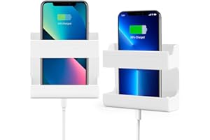 2 Pack White Bedside Phone Holder Wall Phone Mount Phone Charger Stand Phone Stand Self Adhesive with Charging Hole Wall Phon